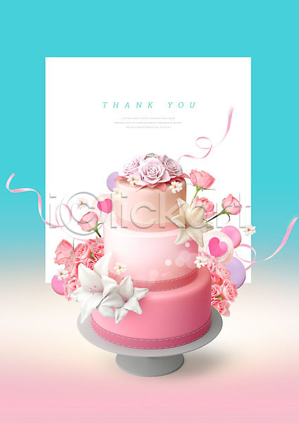 축하 사람없음 PSD 편집이미지 3단케이크 꽃 리본 분홍색 장미 케이크 하늘색