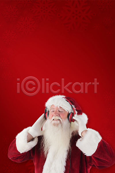 남자 노년 노인남자한명만 한명 JPG 앞모습 포토 해외이미지 눈감음 듣기 빨간색 산타클로스 상반신 크리스마스 해외202004 헤드폰