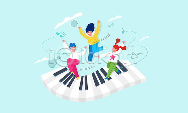 남자 세명 어린이 어린이만 여자 AI(파일형식) 일러스트 건반 구름(자연) 기타 음표 전신 키즈카페 탬버린 트라이앵글(악기) 피아노(악기) 하늘색