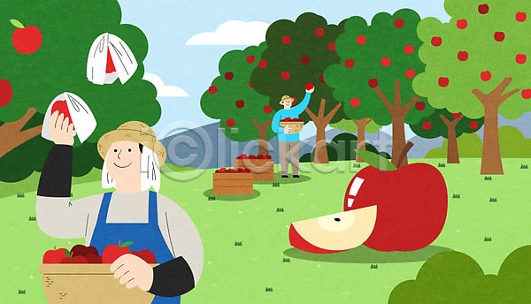 남자 두명 성인 성인남자만 PSD 일러스트 무주 사과 사과나무 사과따기 산 상반신 수확 전신 특산물 하늘