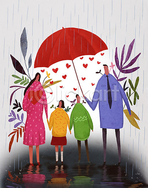 사랑 행복 남자 사람 성인 어린이 여러명 여자 PSD 일러스트 가족 꽃 부모 비 비(날씨) 식물 우산 자식 전신 풀(식물) 하트