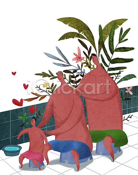 사랑 행복 남자 남자만 노년 사람 성인 세명 어린이 PSD 일러스트 가족 꽃 때밀기 목욕 목욕탕 손자 식물 아들 의자 자식 전신 풀(식물) 할아버지