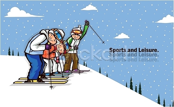 남자 사람 세명 어린이 어린이만 여자 EPS 일러스트 겨울 계절 구름(자연) 나무 눈(날씨) 다수 라이프 라이프스타일 레저 레포츠 모임 미소(표정) 생활 스키 스키장 스포츠 슬로프 야외 인사 주간 취미 파티