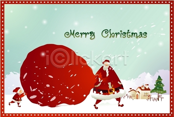 남자 남자만 두명 사람 EPS 카드템플릿 템플릿 겨울 계절 기념일 나무 눈(날씨) 보따리 산타클로스 서기 설원 야외 전신 주택 카드(감사) 크리스마스 크리스마스카드 팬시