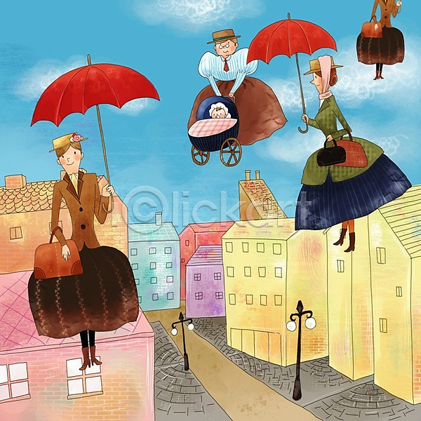 상상 사람 아기 여러명 여자 여자만 PSD 일러스트 가로등 거리 건물 공공시설 동화 마을 비행 수제그림 수채화(물감) 야외 우산 유모 유모차 이벤트 주간 주택 판타지 페인터