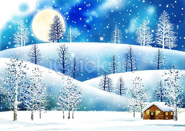 사람없음 PSD 일러스트 겨울 겨울배경 계절 나무 눈(날씨) 눈내림 달 백그라운드 보름달 사계절 설경 설원 수제그림 수채화(물감) 야간 야외 언덕 자연 자연요소 주택 페인터 풍경(경치)