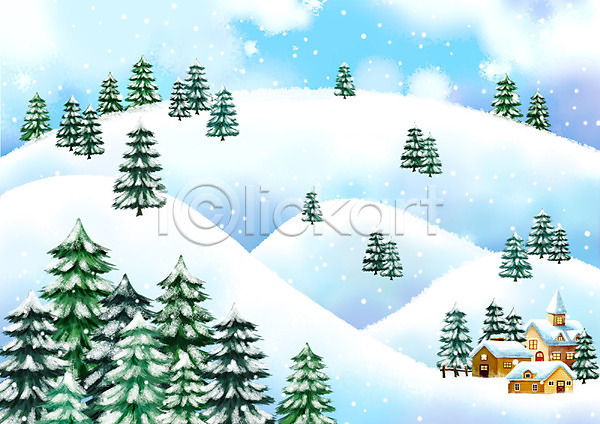 사람없음 PSD 일러스트 겨울 겨울배경 계절 나무 눈(날씨) 눈내림 마을 백그라운드 사계절 산 설경 설원 수제그림 수채화(물감) 식물 야외 언덕 자연 전나무 주택 페인터 풍경(경치)