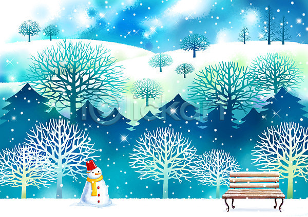 사람없음 PSD 실루엣 일러스트 겨울 겨울배경 계절 나무 눈(날씨) 눈내림 눈사람 백그라운드 벤치 사계절 설경 설원 수제그림 수채화(물감) 야외 의자 자연 파란색 페인터 풍경(경치)