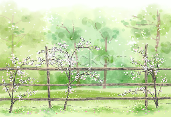 사람없음 PSD 일러스트 계절 꽃 꽃나무 나무 백그라운드 봄 봄꽃 봄배경 봄풍경 사계절 수제그림 수채화(물감) 숲 식물 여러그루 울타리 자연 페인터 풍경(경치)