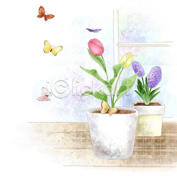 사람없음 PSD 일러스트 계절 꽃 나비 문 백그라운드 봄 봄배경 봄풍경 사계절 수제그림 수채화(물감) 식물 자연 창문 튤립 페인터 풍경(경치) 화분