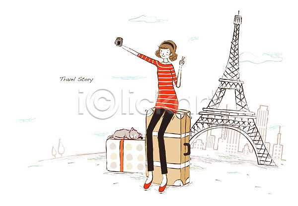 20대 사람 성인 성인만 성인여자만 성인여자한명만 성인한명만 여자 여자만 여자한명만 청년만 청년여자만 청년여자한명만 한명 EPS 일러스트 건물 고양이 구름(자연) 도시 사진촬영 셀프카메라 안식처 야외 에펠탑 여행 여행가방 주간 카메라 캐리어 파리(프랑스) 풍경(경치) 프랑스 프랑스여행 해외 해외여행 휴가