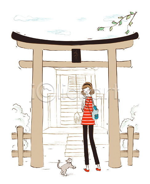 20대 사람 성인 성인만 성인여자만 성인여자한명만 성인한명만 여자 여자만 여자한명만 청년만 청년여자만 청년여자한명만 한명 EPS 일러스트 고양이 구름(자연) 나뭇잎 문 배낭 신사(일본건축) 야외 여행 일본 일본문화 일본여행 주간 출입구 토리이 해외 해외여행 휴가