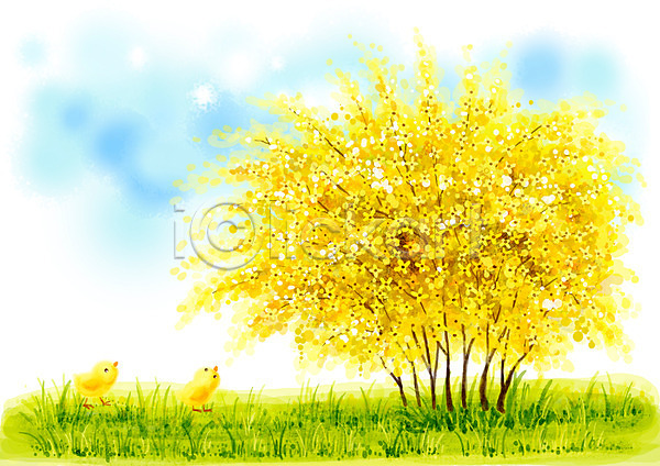 따뜻함 사람없음 PSD 일러스트 개나리 계절 꽃 나무 백그라운드 병아리 봄 봄배경 사계절 수제그림 수채화(물감) 식물 야외 자연 주간 초원(자연) 페인터 풀(식물) 풍경(경치) 하늘