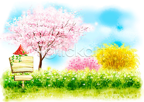 사람없음 PSD 일러스트 계절 꽃 나무 담쟁이덩굴 덩굴 백그라운드 봄 봄배경 수제그림 수채화(물감) 야외 주간 페인터 풍경(경치) 하늘
