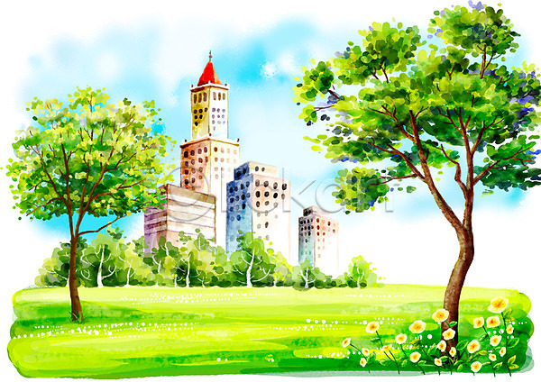 시원함 사람없음 PSD 일러스트 건물 계절 공공시설 공원 구름(자연) 꽃 나무 도시 백그라운드 빌딩 사계절 수채화(물감) 식물 야외 여름(계절) 여름풍경 자연 잔디 정원 주간 페인터 풍경(경치) 하늘