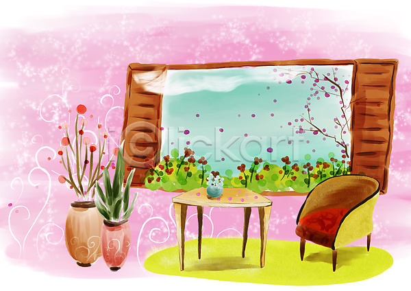 사람없음 PSD 일러스트 가구 계절 그림 꽃 꽃나무 꽃밭 날리기 백그라운드 봄 봄배경 봄풍경 붓터치 소파 수제그림 수채화(물감) 식물 실내 의자 자연 창가 창문 창밖 탁자 페인터 풍경(경치) 화분