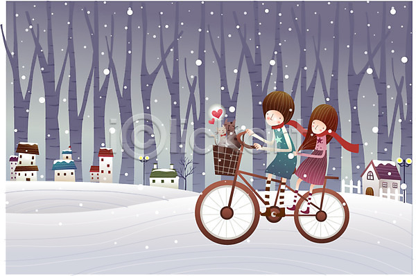 사랑 남자 두명 사람 소년 여자 EPS 일러스트 가로등 건물 겨울 계절 고양이 공공시설 나무 눈(날씨) 데이트 마을 사계절 설원 숲 야간 야외 울타리 자연 자전거 조명 주택 커플 하트 함박눈