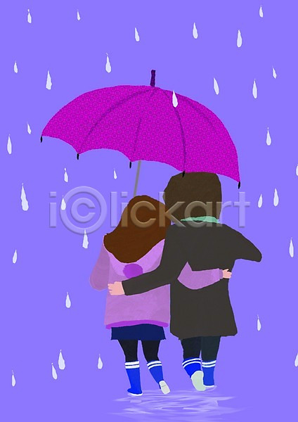남자 두명 사람 여자 PSD 뒷모습 일러스트 걷기 날씨 데이트 라이프 라이프스타일 비(날씨) 빗방울 어깨동무 우산 장화 전신 커플 한쌍