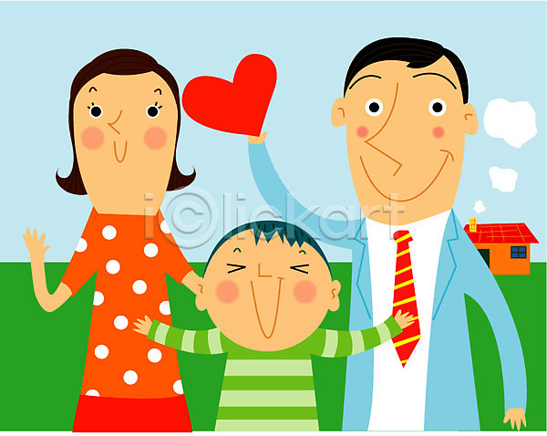 사랑 즐거움 행복 남자 사람 세명 어린이 여자 EPS 일러스트 가족 아빠 야외 엄마 주택 하트 핵가족