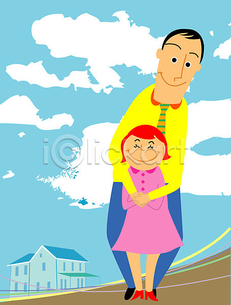 행복 남자 두명 사람 어린이 여자 EPS 일러스트 가족 구름(자연) 아빠 야외 주택 하늘