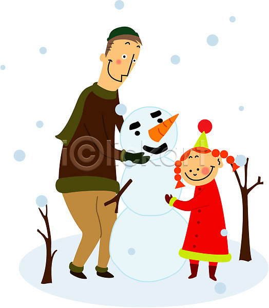 남자 두명 사람 어린이 여자 일러스트 가족 겨울 나무 눈(날씨) 눈사람 딸 부녀 아빠