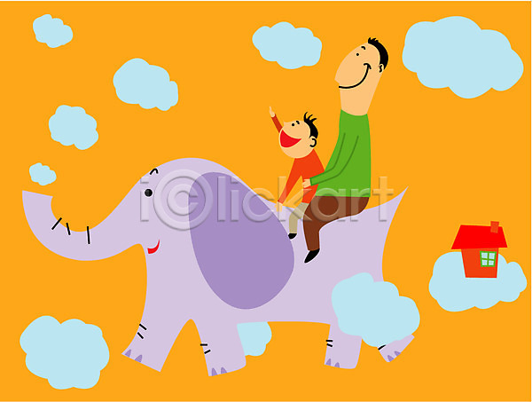 상상 남자 남자만 두명 사람 어린이 EPS 일러스트 가족 구름(자연) 동물 아빠 주택 코끼리