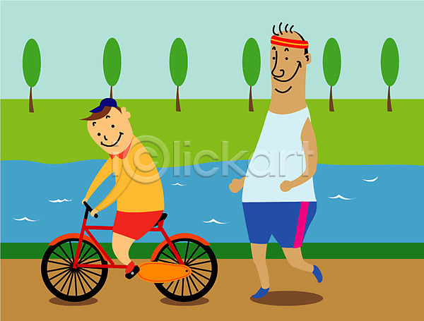 남자 남자만 두명 사람 소년 어린이 EPS 일러스트 가족 강 건강 나무 달리기 라이프스타일 승차 식물 아빠 야외 운동 웰빙 자전거 조깅