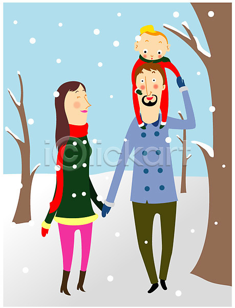 남자 사람 세명 어린이 여자 일러스트 가족 겨울 나무 눈(날씨) 목말 설원 식물 아빠 엄마 함박눈 핵가족