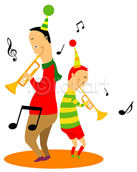 즐거움 남자 남자만 두명 사람 소년 어린이 EPS 일러스트 가족 고깔(모자) 관악기 나팔 높은음자리표 아들 아빠 악기 연주 음악 음표 트럼펫 합주