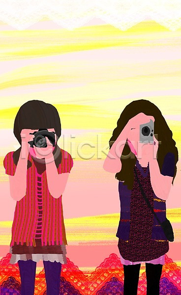 두명 사람 여자 여자만 PSD 일러스트 노을 들기 라이프 라이프스타일 무늬 백그라운드 사진촬영 산 서기 여행 일몰 촬영 출사 취미 카메라