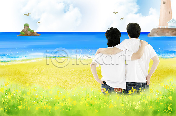 남자 두명 사람 여자 PSD 뒷모습 편집이미지 갈매기 건물 구름(자연) 꽃 등대 모래사장 바다 부부 여행 조류 커플 하늘 해변