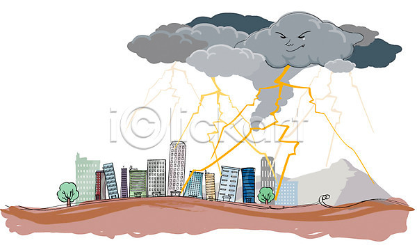 사람없음 EPS 일러스트 건물 구름(자연) 나무 도시 먹구름 번개 빌딩 산 식물 야외 자연 자연재해 자연현상 재해 풍경(경치) 피해 환경