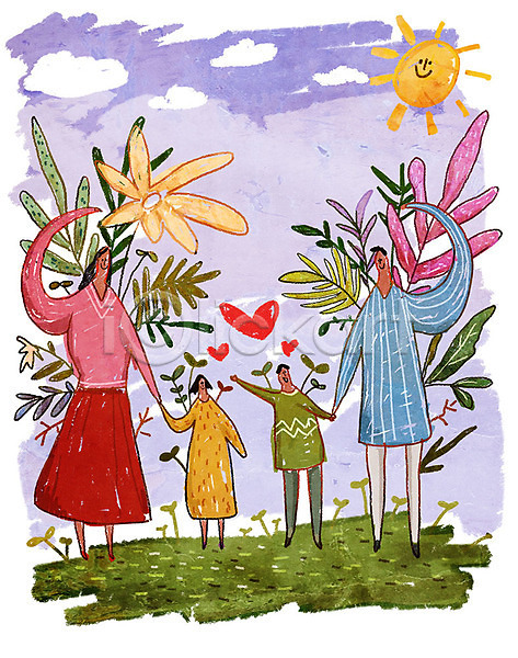 사랑 행복 남자 사람 성인 어린이 여러명 여자 PSD 일러스트 가족 구름(자연) 그림 꽃 부모 손하트 식물 자식 전신 초원(자연) 풀(식물) 하트 해