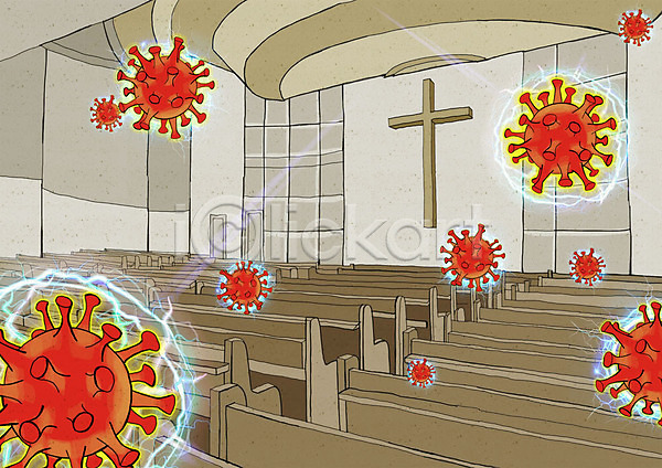 사회이슈 사람없음 PSD 일러스트 교회 델타변이바이러스 바이러스 의자 전염 코로나바이러스