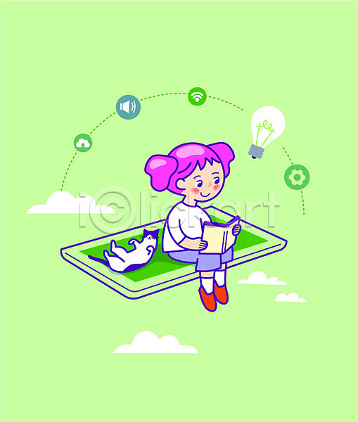 소녀한명만 어린이 여자 한명 AI(파일형식) 일러스트 고양이 교육 독서 반려 스쿨팩 에듀 에듀케이션 전구 전신 초록색 컴퓨터 컴퓨터교육 코딩 태블릿 하늘 학생