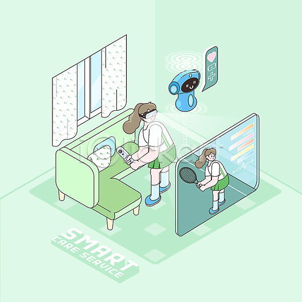 스마트 여자 여자한명만 한명 PSD 일러스트 AI(인공지능) VR기기 가상현실 거실 건강 라이프스타일 로봇 소파 아이소메트릭 전신 초록색 테니스