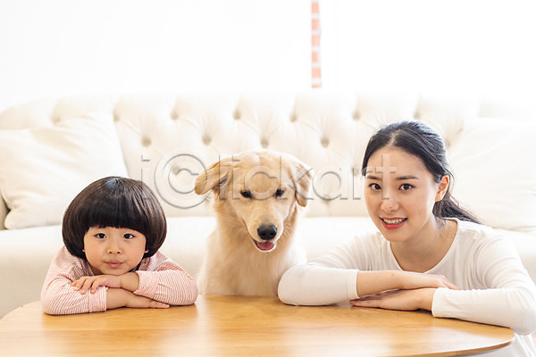 즐거움 20대 남자 두명 성인 소년 어린이 여자 한국인 JPG 앞모습 포토 가정교사 강아지 골든리트리버 교감 미소(표정) 반려 반려견 반려동물 상반신 소파 실내 앉기 한마리 홈스쿨링