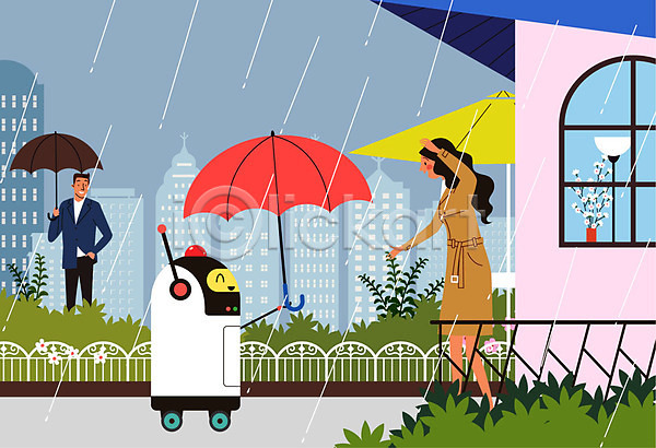남자 두명 사람 성인 성인만 여자 AI(파일형식) 일러스트 건물 꽃 나무 비(날씨) 스탠드 우산 울타리 자율주행 전달 전신 조명