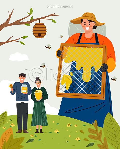 남자 사람 성인 성인만 세명 여자 AI(파일형식) 일러스트 고객 구매 꿀 꿀단지 농부 들기 벌(곤충) 벌집 상반신 양봉 양봉장 유기농 자연 전신