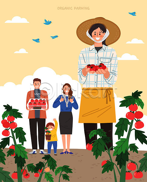 남자 사람 성인 어린이 여러명 여자 AI(파일형식) 일러스트 가리킴 고객 구매 노란색 농부 들기 따봉 상반신 수확 열매 유기농 응원 전신 토마토