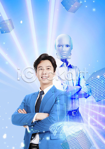 미래 스마트 30대 남자 성인 성인남자한명만 한국인 한명 PSD 편집이미지 4차산업 AI(인공지능) 과학기술 로봇 미래산업 비즈니스 비즈니스맨 상반신 정보기술 파란색 팔짱