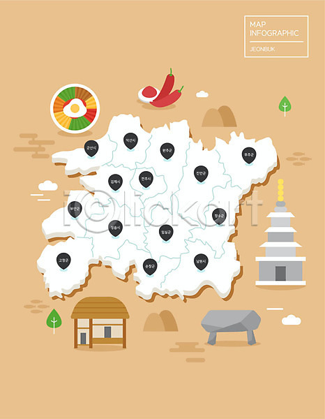 사람없음 AI(파일형식) 일러스트 갈색 고인돌(무덤) 고추 고추장 랜드마크 비빔밥 석탑 인포그래픽 전라북도 지도 지역 한옥마을