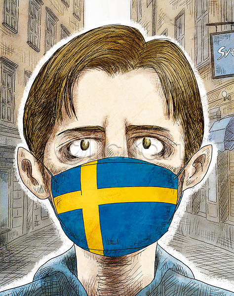 사회이슈 남자 성인 성인남자한명만 외국인 인종 한명 PSD 일러스트 감기(질병) 국기 델타변이바이러스 마스크 바이러스 상반신 스웨덴 스웨덴국기 안전 인플루엔자 질병 코로나바이러스