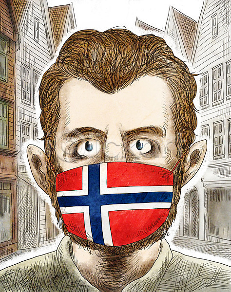 사회이슈 남자 성인 성인남자한명만 외국인 인종 한명 PSD 일러스트 감기(질병) 국기 노르웨이 노르웨이국기 델타변이바이러스 마스크 바이러스 상반신 안전 인플루엔자 질병 코로나바이러스