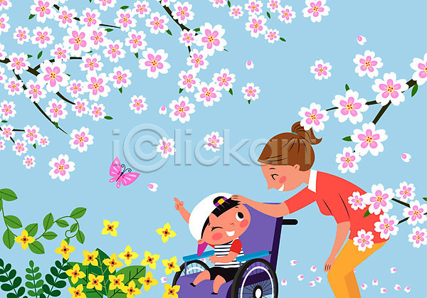 남자 두명 사람 성인 어린이 여자 AI(파일형식) 일러스트 가리킴 긴급돌봄 꽃 꽃구경 나뭇잎 나비 돌보미 돌봄 돌봄서비스 상반신 서기 쓰다듬기 아이돌봄 앉기 장애인 전신 휠체어