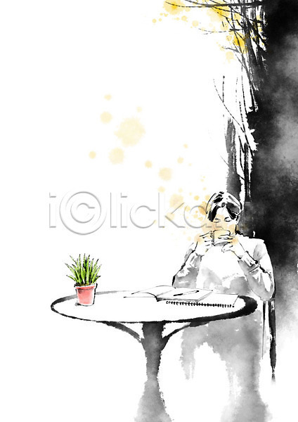여유 티타임 휴식 남자 남자한명만 사람 한명 PSD 일러스트 공책 나무 들기 마시기 번짐 볼펜 붓터치 선인장 식탁 앉기 정원 차(음료) 캘리그라피 커피 컵 탁자 화분