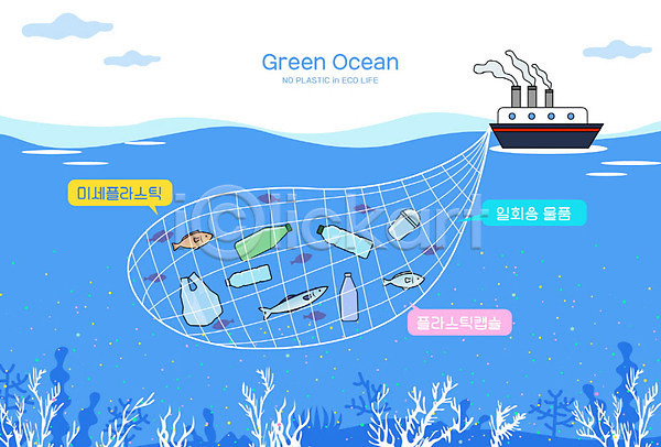 사람없음 AI(파일형식) 일러스트 그린오션 그물 무료이미지 바다 바닷속 배(교통) 쓰레기 어류 어업 에코 에코라이프 오염 일회용 재활용 파란색 페트병 플라스틱 해양오염