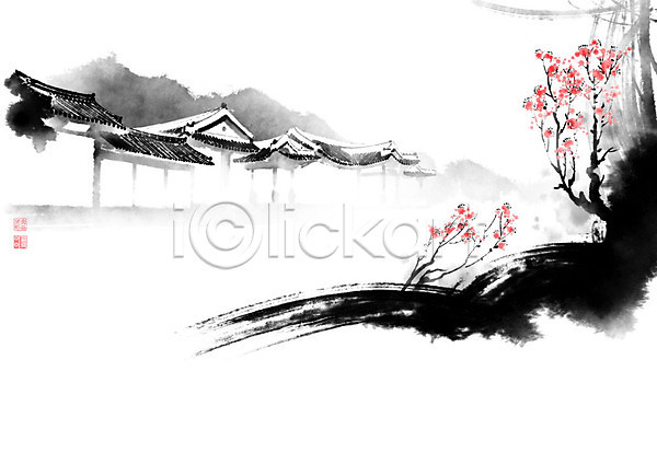 사람없음 PSD 일러스트 고건축 기와 꽃 나무 나뭇가지 번짐 붓터치 산 잎 전통 캘리그라피 한국전통 한옥