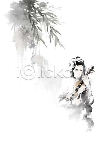 사람 성인 성인여자한명만 여자 한명 PSD 일러스트 나무 나뭇잎 들기 바이올리니스트 바이올린 번짐 붓터치 안기 연주자 자연 캘리그라피