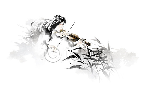 사람 성인 성인여자한명만 여자 한명 PSD 일러스트 갈대(식물) 들기 바람 바이올리니스트 바이올린 번짐 붓터치 연주 연주자 자연 초원(자연) 캘리그라피